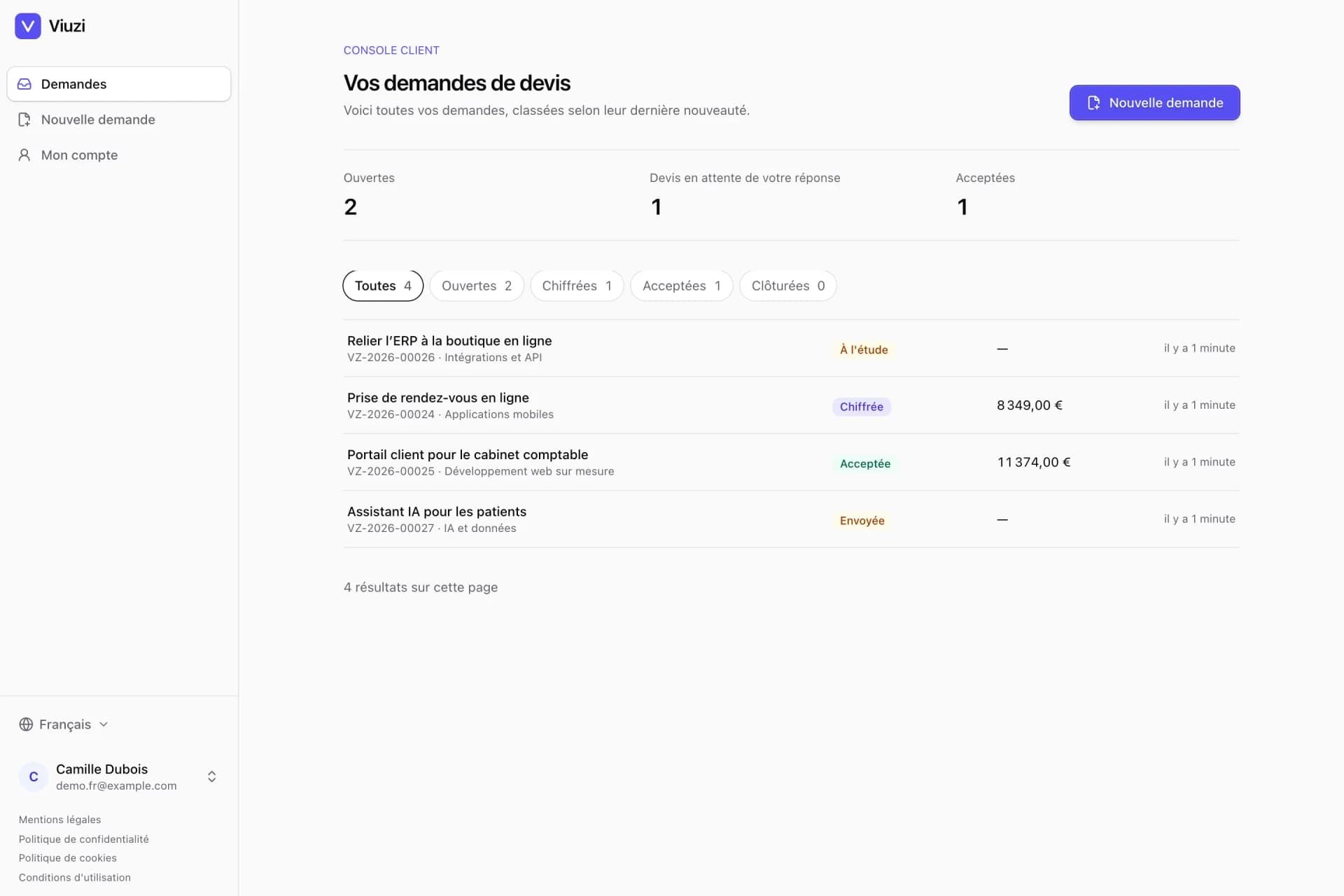 Console client de Viuzi avec les demandes de devis