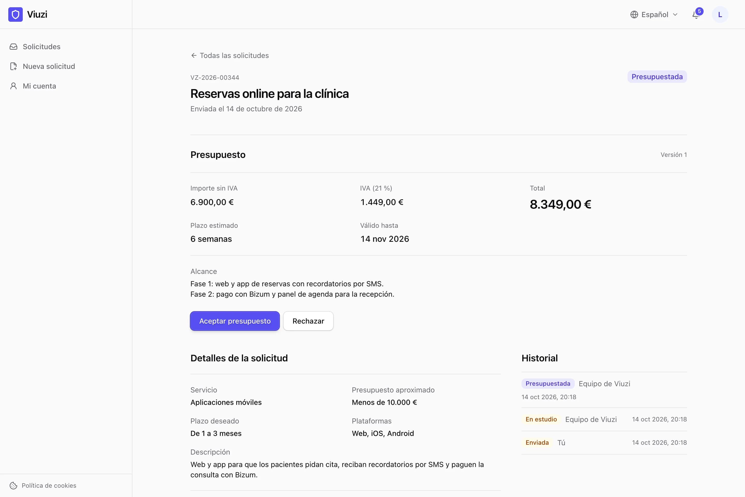 Presupuesto de una solicitud en la consola de cliente de Viuzi