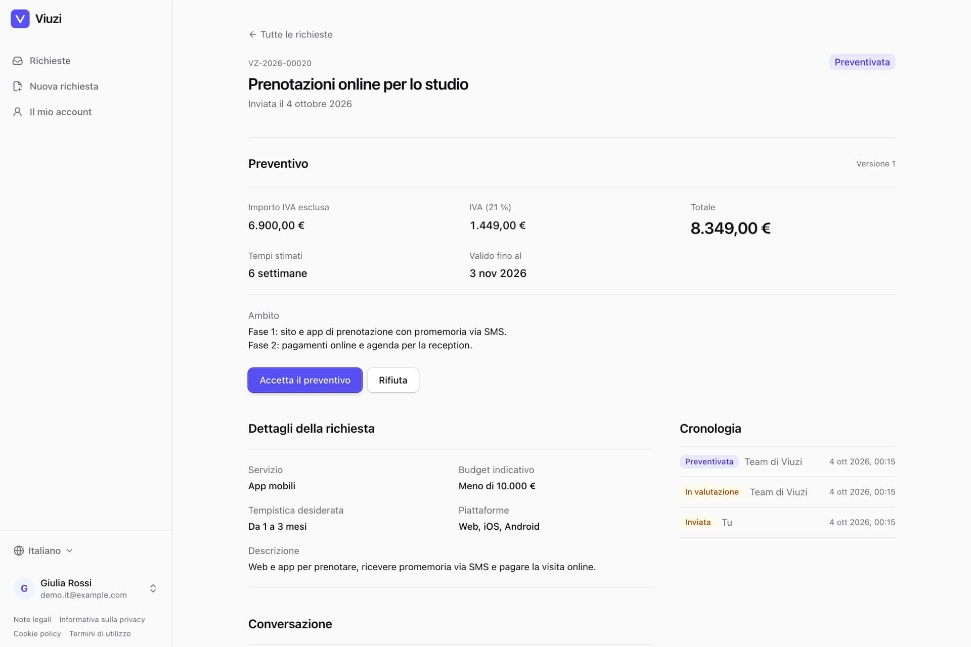 Preventivo di una richiesta nella console cliente di Viuzi